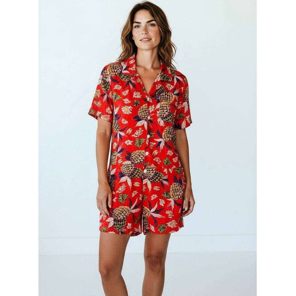 Polo Ralph Lauren Dress 14 Red Pineapple Tropical Print Viscose Shirt Dress